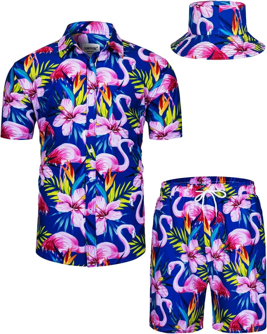 TUNEVUSE Mens Hawaiian Shirts and Shorts Set 2 Pieces Beach Outfits Flower Print Summer Tropical Suit with Bucket Hats (5X-Large)