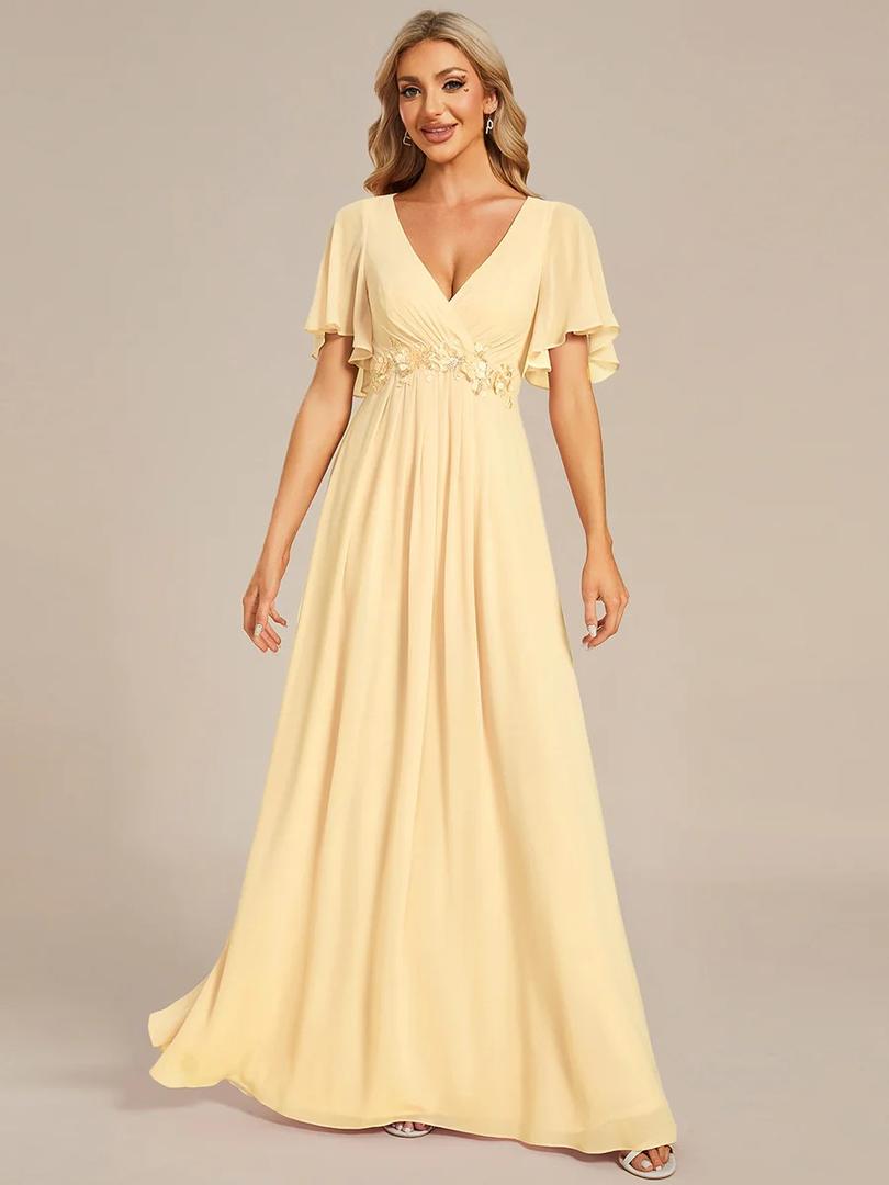 Ruffles Sleeve A-Line Chiffon Waist Applique Maxi Wedding Guest Dress, Size 14