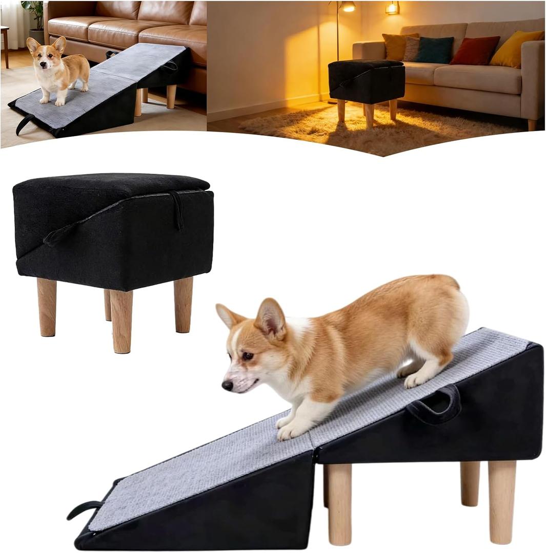 Split Ottoman Dog Ramp for Couch and Low Bed, 2-in-1 Foldable Dog Stairs for Small Dogs and Cats, Wooden Pet Ramp with Non-Slip Surface, Portable Step Stool Design, Black