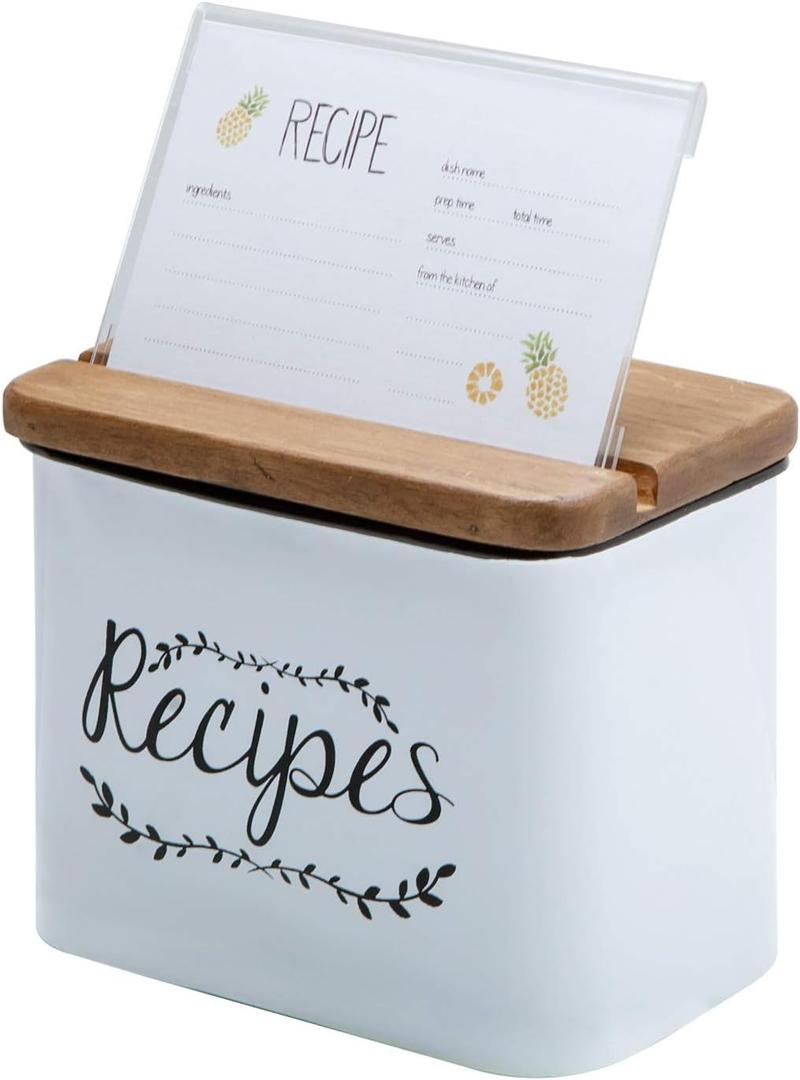 NIKKY HOME 4x6 Kitchen Metal Recipe Organization Box with Cards and Dividers, White