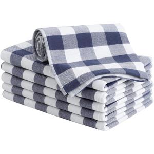 PiccoCasa 100% Cotton Terry Kitchen Towels Set of 6 Plaid Pattern (13 x 29 Inch) Soft Absorbent Drying Dish Towels for Kitchen Cooking - Blue, White