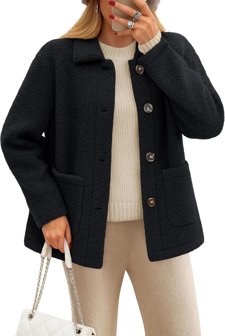 YUCOLEN Womens Fleece Jacket Button Down Sherpa Jacket Long Sleeve Teddy Coat Fuzzy Winter Warm Outerwear with Pockets (Medium, Black)