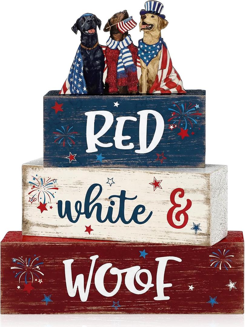 4 Pcs 4th of July Dogs Decorations 250th Anniversary Patriotic Memorial Tabletop Decor Red White Blue Table Centerpieces Wood Block American Independence Day Sign for Tiered Tray Home Shelf