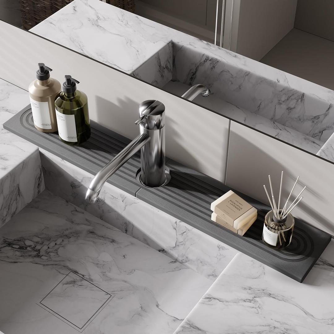 Faucet Mat for Kitchen Sink, 23.6" Diatomite Stone Drying Mat For Kitchen Counter, Prevents Moisture, Super Absorbent, Quick Drying Sink Splash Guard for Bathroom (Dark Gray)