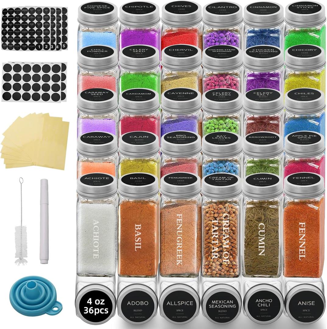 4 OZ Glass Spice Jars with Metal Caps, Glass Jars with Minimalist Farmhouse Spice Labels Stickers, Collapsible Funnel, Seasoning Storage Bottles for Spice Rack, Cabinet, Drawer (12)