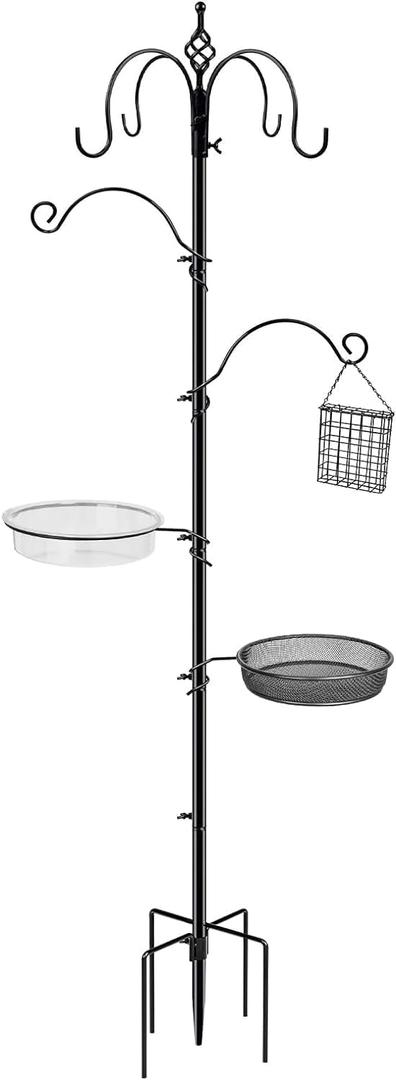 Bird Feeding Station, 90.55in 4-Hook Feeding Station for Outdoors, Squirrel-Proof with Tray Humming Bird Feeder Bracket for Easy Assembly Suitable for Courtyards Gardens (Black)