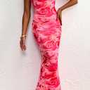PRETTYGARDEN Women's 2026 Summer Floral Spaghetti Strap Maxi Dress Stretch Sexy Bodycon Dress Backless Slip Long Dresses (Pink, L)