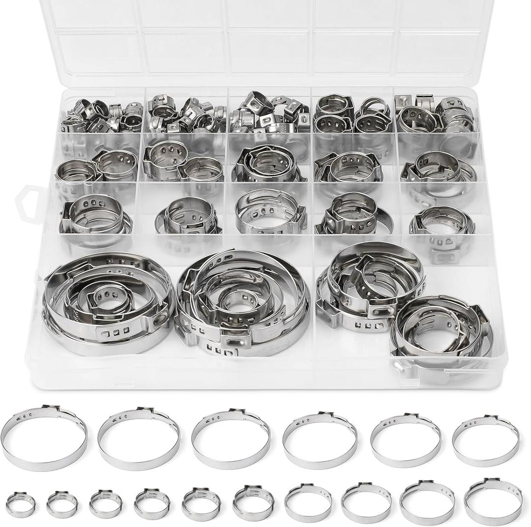 117PCS 16 Sizes Single Ear Hose Clamp, 304 Stainless Steel Ear Clamp Kit(5.3-48.5mm), Stepless Hose Clamps Cinch Rings for Automotive, Home Appliance Line and Plumbing.