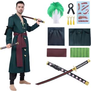 Halloween Costume Set for Mens Green Robe Anime Kimono cosplay Outfit with Sword earrings stickers wig (Medium)