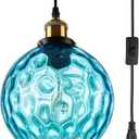 Plug-in Modern Pendant Lighting Blue Glass Globe Ceiling Pendant Lights Adjustable Cord Ceiling Hanging Light with Handblown Glass Shade for Bedroom Living Dining Room Kitchen Island