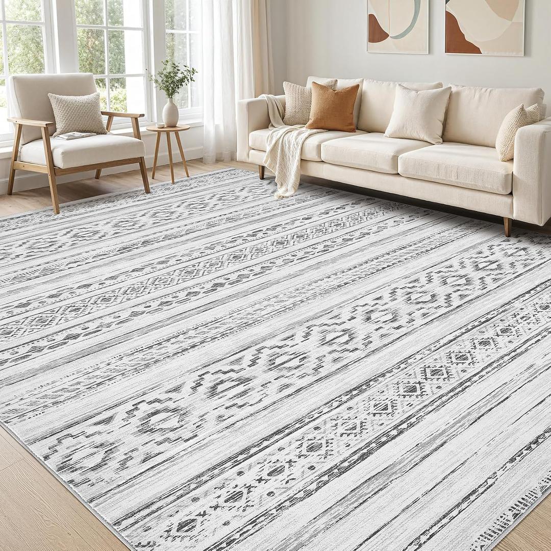 cotiled 10x14 Area Rug Living Room: Washable Boho Rugs with Non Slip Backing Large Soft Indoor Stain Resistant Carpet for Bedroom Farmhouse Dining Room Lightweight Home Decor Cream Grey