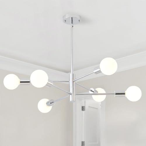 HHR 6-Light Sputnik Ceiling Light Fixture, Chrome Modern Chandelier, Mid Century Dining Room Light Fixture, Height Adjustable Chandeliers for Living Room Kitchen Island