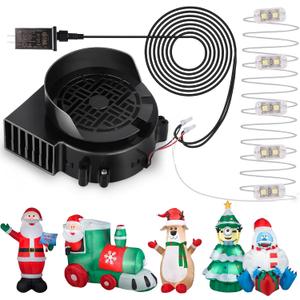 Air Blower Fan for Inflatables, 12V 1.5A Mini Airup Replacement Blower Fan with 2.0A Adapter and 5 LEDs Bulbs Light for Halloween and Christmas Inflatables (IP68 Waterproof, 3200RPM, 5.0 * 5.0'')