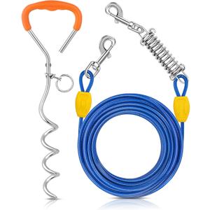 Petbobi Dog Tie-Out Cable and Stake - 30ft Heavy Duty Cable with Spring, No Tangle, 16in Ground Stake, Ideal for Yard, Camping and Beach, Suitable for Small Medium Large Dogs Up to 120 lbs, Blue