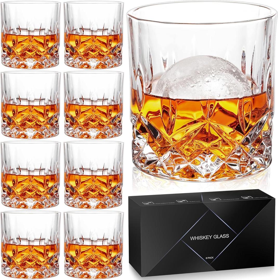 Whiskey Glasses Set of 8, 11 oz Crystal Old Fashioned Glasses, Buy 6 Get 2 Free, Perfect for Bourbon, Scotch, Vodka, Gift for Men, Women, Dad, Father