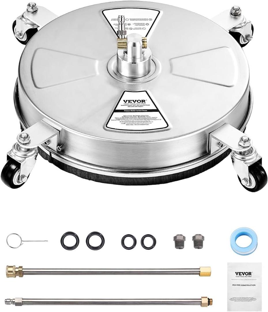 VEVOR 15" Pressure Washer Surface Cleaner, Stainless Steel Pressure Washer Attachments with 4 Wheels, 4000 Max PSI, 1/4 Quick Connector, 2 Spray Nozzles, 2 Extended Wands for Concrete, Patio, Deck