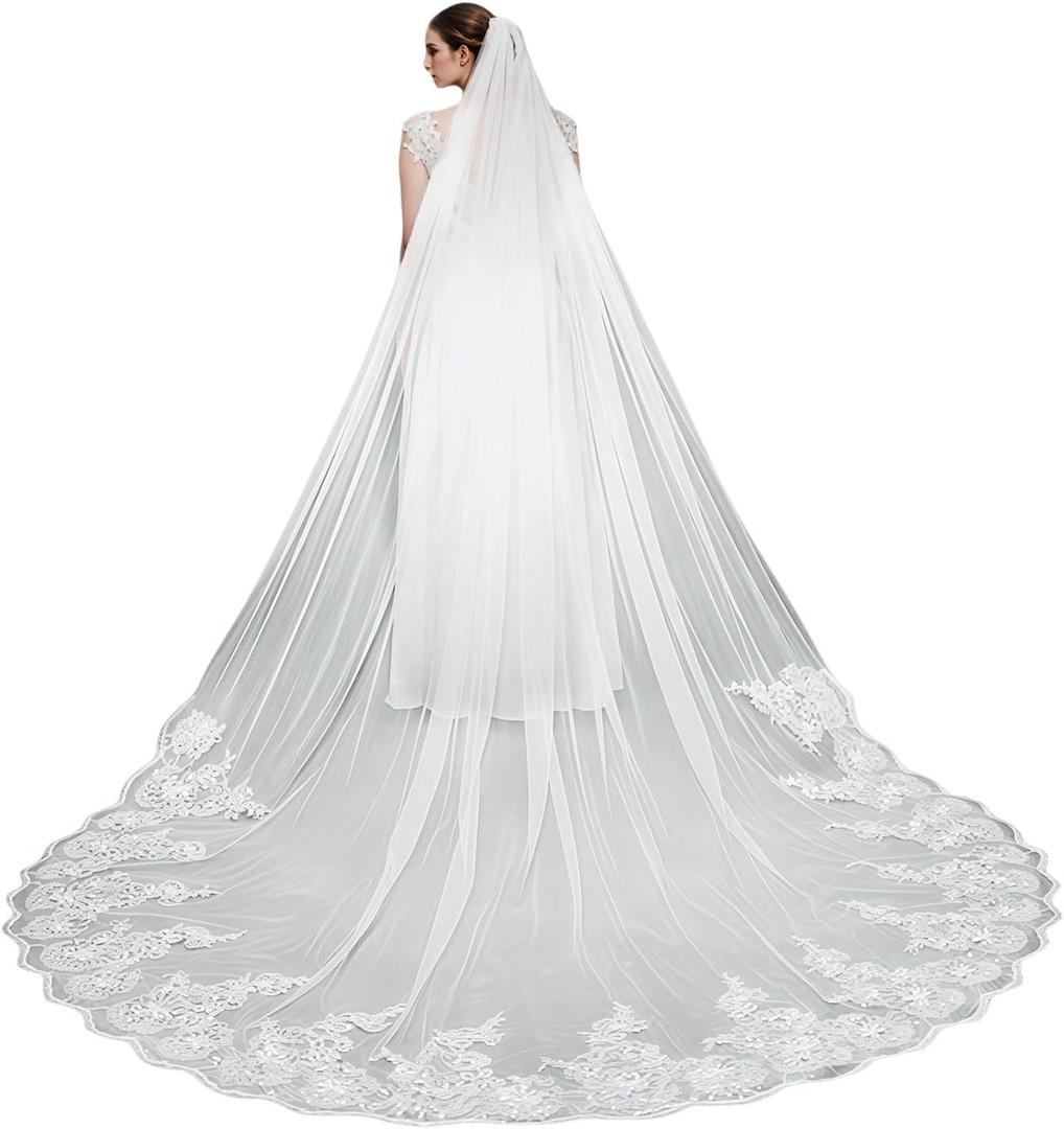 Wedding Veil 1 Tier Cathedral Length long Lace Sequins Bridal Veil with Metal Comb