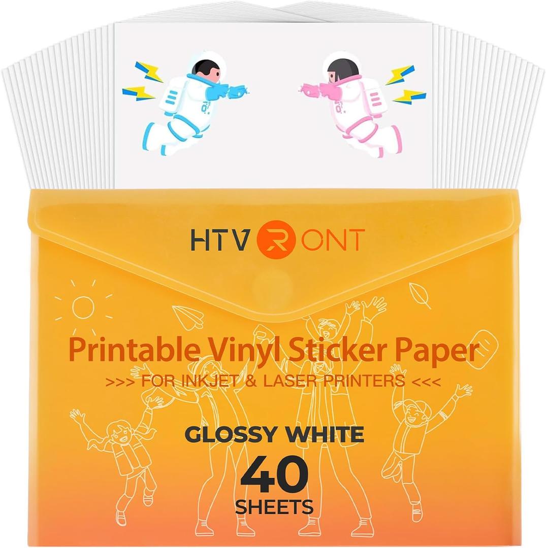 HTVRONT Printable Vinyl for Inkjet Printer & Laser Printer - 40 Pcs Glossy White Waterproof Printable Vinyl Sticker Paper, 8.5"x11"