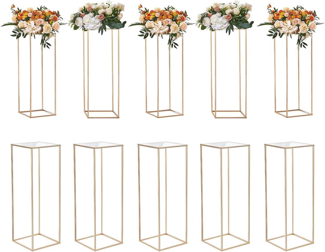 VEVOR 10PCS 31.5inch High Wedding Flower Stand, With Acrylic Laminate,Metal Vase Column Geometric Centerpiece Stands, Gold Rectangular Floral Display Rack for Events Reception, Party Decoration