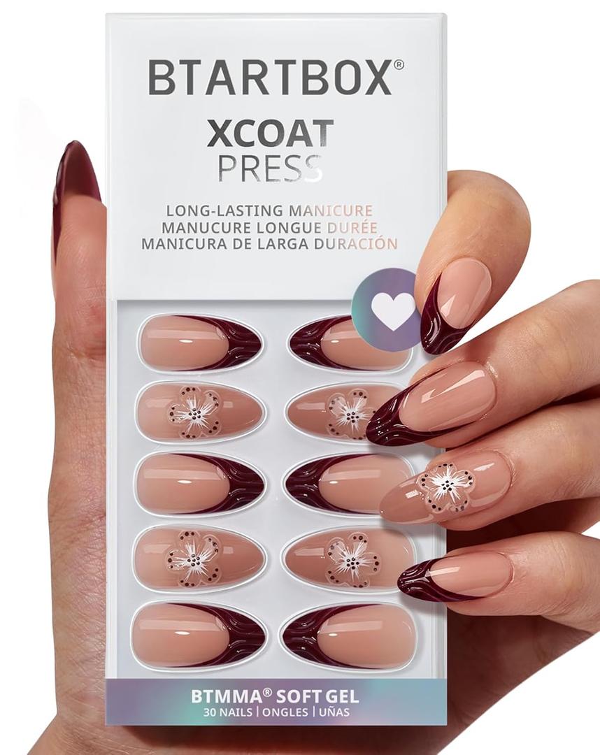 BTArtbox Press On Nails Medium - Rosewood, 3D Flower Almond Brown French Tip Press On Nails with Glue and Adhesive Tabs for Women, Soft Gel Glue On Nails in 15 Sizes - 30 Stick On Nails Kit