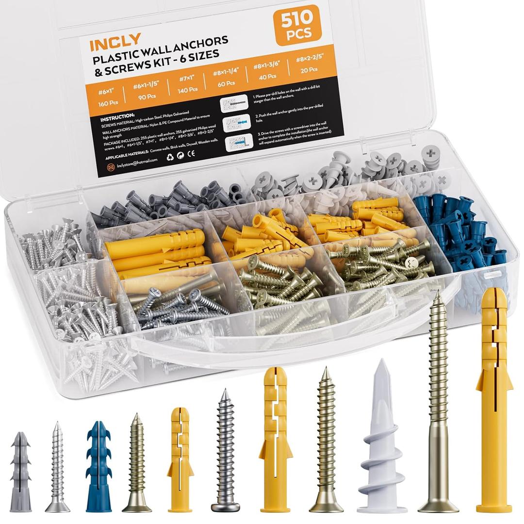 INCLY 510 PCS Drywall Anchors and Screws Assortment Kit, 255 Plastic Self Drilling Wall Anchors and 255 Philips Flat Head Screws, 6 Sizes Galvanized Screws and Wall Plug Bolts with Organizer Box