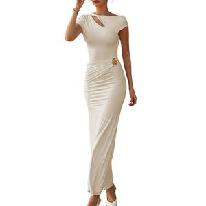 MEALIYA Women Sexy Backless Maxi Dress Cap Sleeve Hollow Out Crew Neck Solid Slim Fit Long Dresses with Gold Clasp (M)