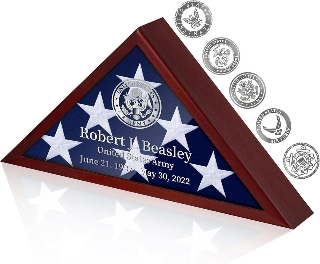 Personalized Flag Display Case for 5'x9.5' Burial Flag, Custom DIY Stickers Self-Adhesive for Your Own Texts on Glass Front, Sliver Words and Logo, Mahogany Wood Flag Holder Shadow Box for Veterans