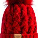 PAGE ONE Womens Winter Ribbed Beanie Crossed Cap Chunky Cable Knit Pompom Soft Warm Hat (Red)