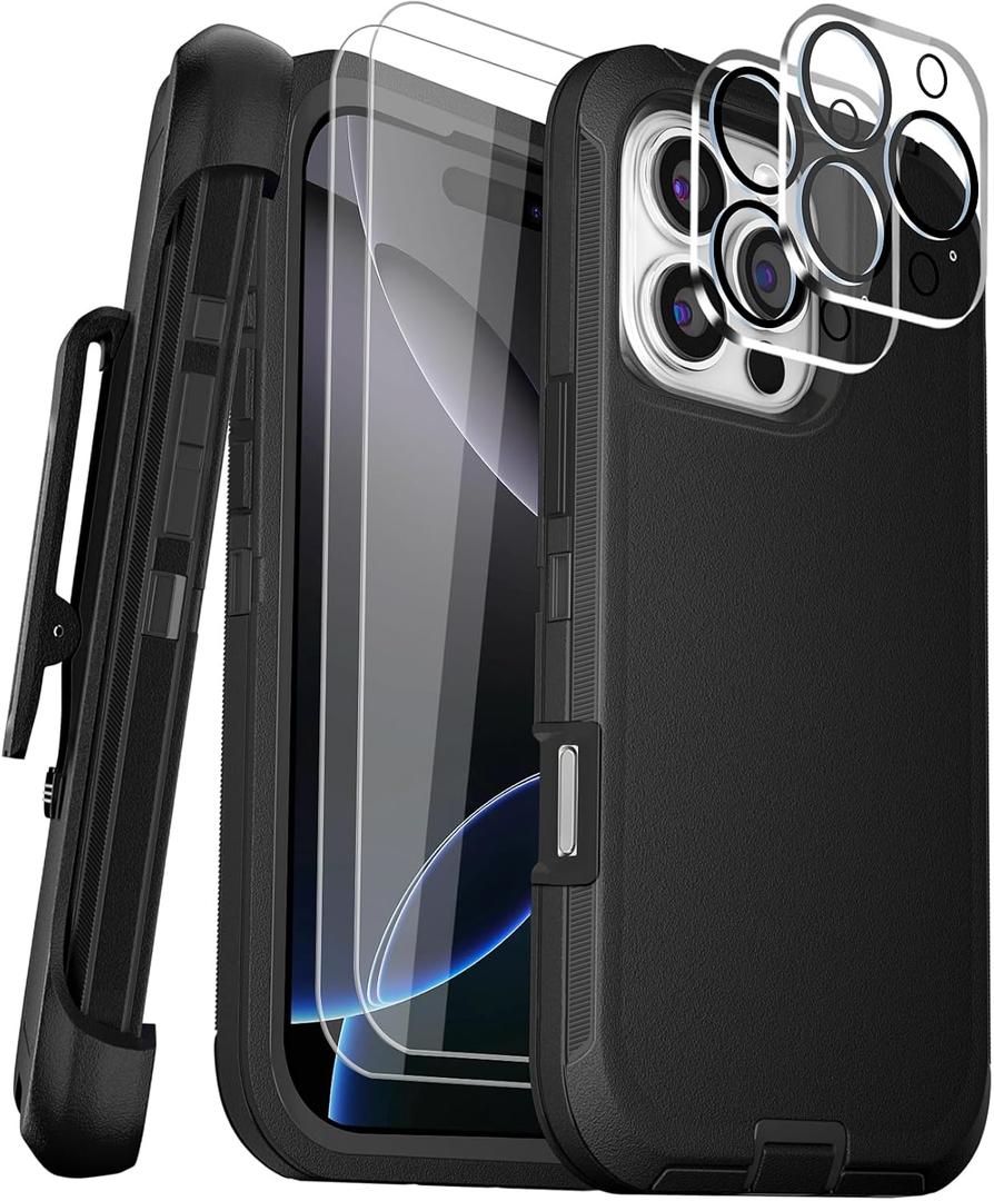for iPhone 16 Pro Case 6.3" Belt Clip Kickstand with 2 Screen Protector & 2 Camera Lens Protector, Full Body Protection Heavy Duty Case Cover (Black+Clip)