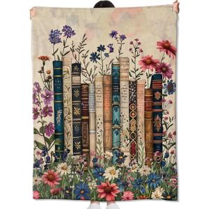 Vintage Book Blanket Gifts for Kids Girls Women,Retro Readers and Floral Throw Blankets,Soft Comfy Lightweight for Room Couch Bed Modern Reading Decor,Literary Lover 60x50in