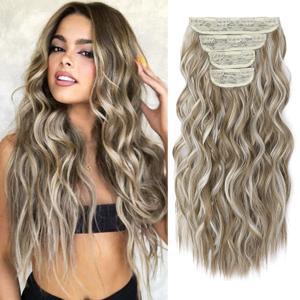 REECHO Hair Extensions, 4PCS Clip in Hair Extensions HE001 Natural Soft Synthetic Hairpieces for Women, Light Ash Brown with Highlights