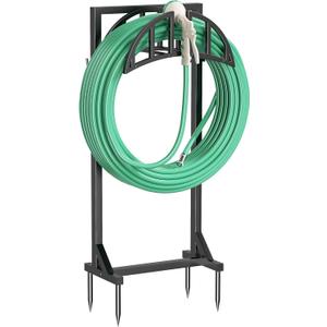 YQSLYSF Garden Hose Reel Holder, Water Hose Stand with 4 Stake and 2 Tool Hooks, Heavy-Duty Metal Hose Storage Holds 150Ft, Freestanding Hose Hanger Rack for Outside, Yard, Lawn, Farm（White）