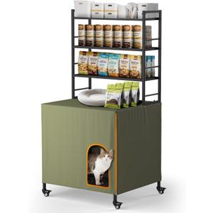 Lekereise Large Hidden Litter Box Furniture, Cat Litter Box Enclosure with Removable Waterproof Cover, Kitty Litter Box Furniture with 3-Tier Adjustable Shelves Storage and Wheels (70.87H, Green)