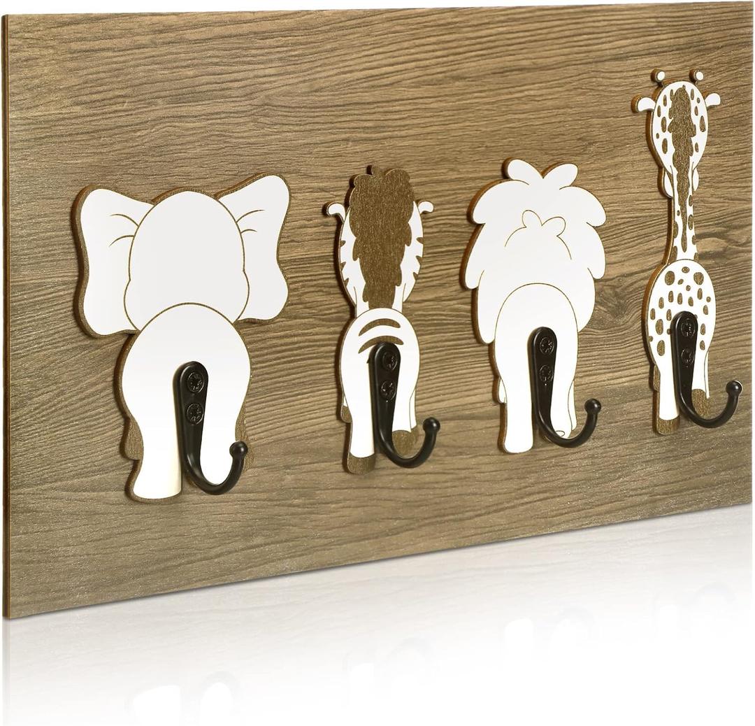 Yookeer Safari Animal Wall Hooks Kids Coat Hooks Wooden Safari Jungle Baby Nursery Wall Decor Decorative Elephant Lion Giraffe Zebra Hanger for Nursery Bathroom Bedroom Home Decor
