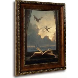 Framed Book Canvas Wall Art Vintage Dark Academia Open Book Print Gothic Aesthetic Library Wall Decor for Bedroom Study Living Room 9x11in Ready to Hang