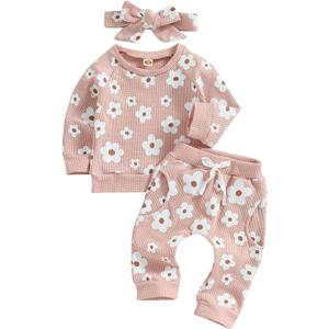 Toddler Baby Girl Fall Winter Clothes Newborn Infant Floral Pullover Sweatshirt T-Shirts+Pants 3PCS Outfits Set(Waffles-Pink, 18-24 months)