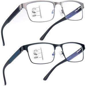 SKYOAK 2 Pack Refined Progressive Multifocus Reading Glasses Men Blue Light Blocking Readers Metal Frame Spring Hinge (Black+Gunmetal, 1.5) (Top is Not 0 (3ft Range) - Black + Gunmetal)
