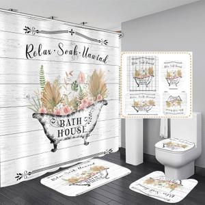 Nkzply 4 Pcs Floral Shower Curtain Set Pink Rose Bathroom Sets with Shower Curtain and Rugs Palm Leaves Shower Curtain Sets with Rugs Farmhouse Wooden Board Shower Curtain Bathroom Decor Accessories