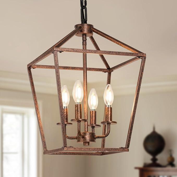 Chandelier for Dining Room, 4Light Rustic Chandelier Fixtures, Vintage Ceiling Light with Adjustable Height, Antique Bronze Geometric Hanging Light for Bedroom, Foyer, Kitchen, Living Room, Entryway