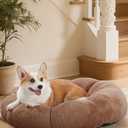 OhGeni 31 inches Calming Donut Orthopedic Dog & Cat Bed for Medium Pets, Warming Comfort Fluffy Short Pile Fur, Durable Waterproof Machine Washable Removable Cover, Cute Round Bed for Puppy, Brown