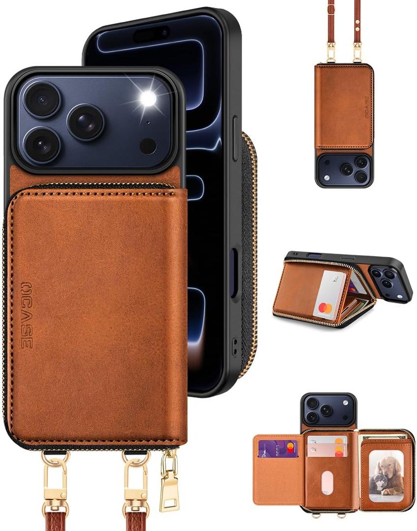 OCASE Compatible with iPhone 17 Pro Max Crossbody Wallet Case with Card Holder, PU Leather Zipper Handbag Phone Purse with RFID Blocking Kickstand Wrist Strap Lanyard 6.9 Inch, Brown