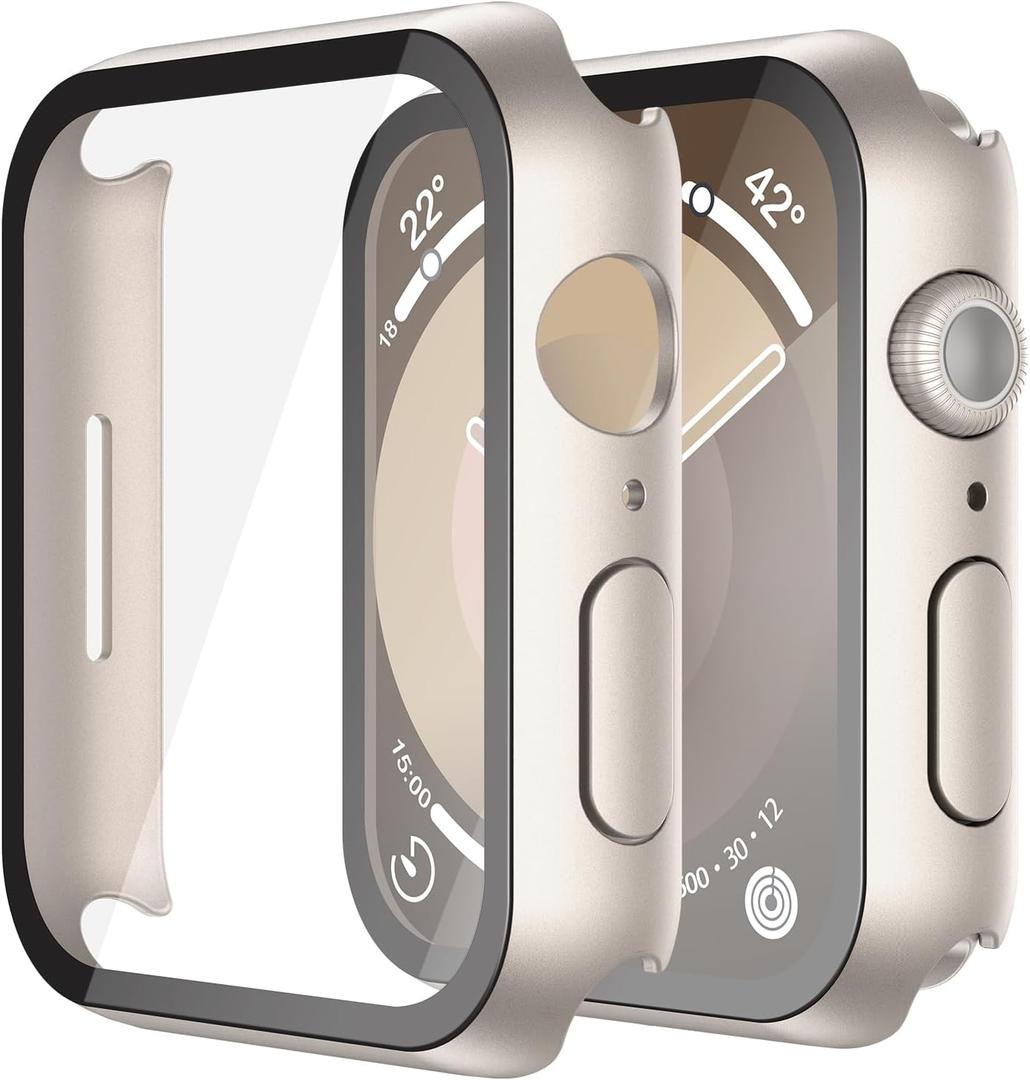 Misxi 2 Pack Hard PC Case with Tempered Glass Screen Protector Compatible with Apple Watch Series 9 Series 8 Series 7 45mm, Anti-Drop Scratch Resistant Lightweight Cover for iWatch, 2 Starlight