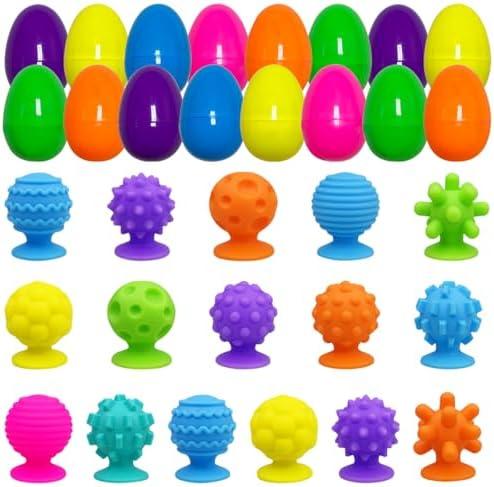 Pack Of 2 Pinkiwine 16 Pack Plastic Prefilled Easter Eggs with Textured Suction Cup Sensory Toys Inside for Kids Boys Girls Toddlers Easter Basket Stuffers Gifts Fillers