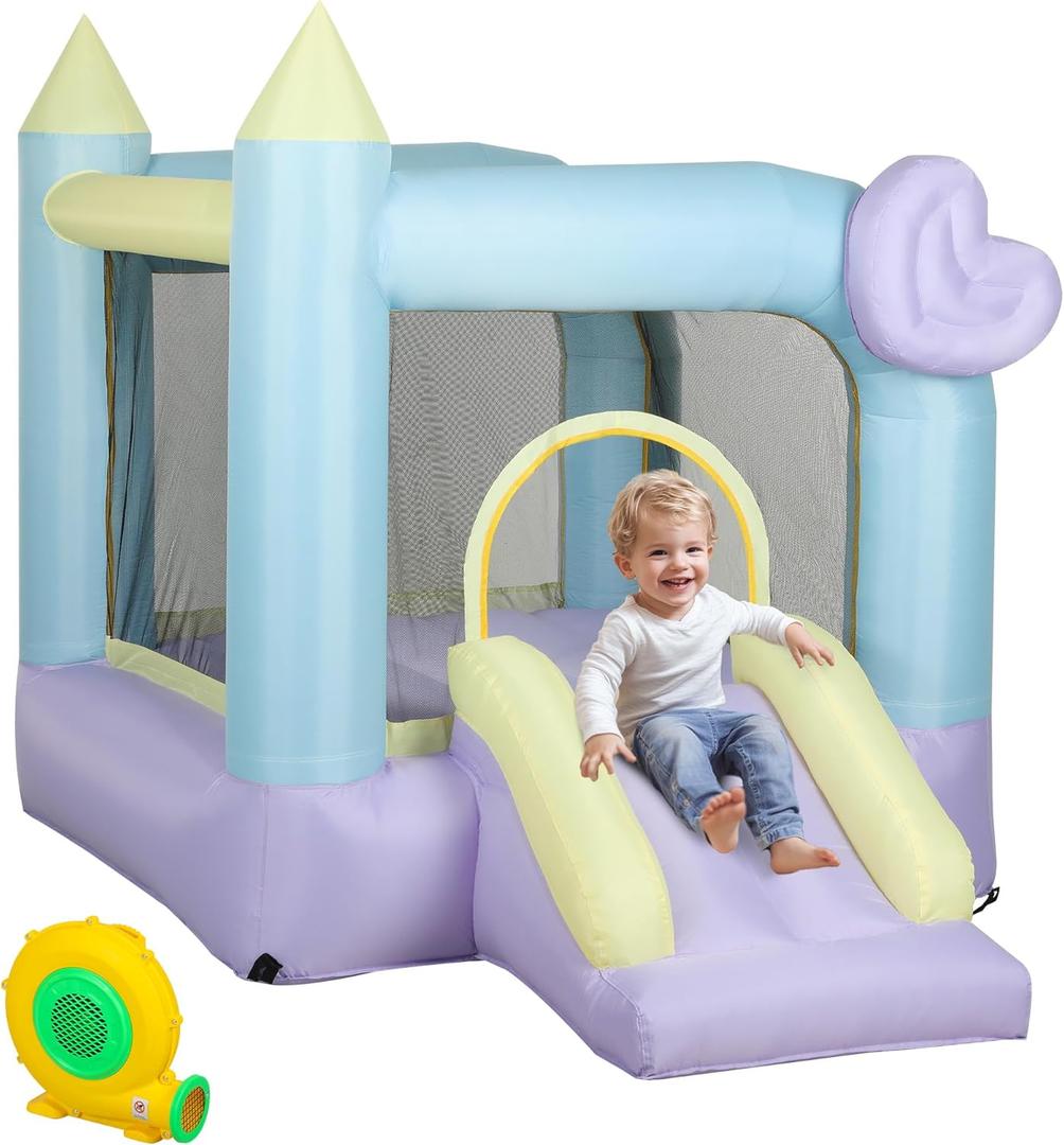 Qaba Bounce House, Inflatable Bouncer with Air Blower, Outdoor & Indoor Bouncy Castle with Slide, Stakes, Repair Patches, Storage Bag, for Kids Ages 3-8, 98" x 65" x 79"