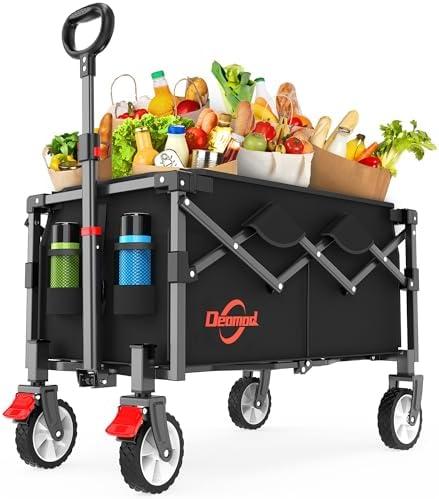 Deomod Collapsible Foldable Wagon, Heavy Duty Wagons Carts Foldable with Two Drink Holders and All Terrain Rolling Wheels with Brake, Utility Grocery Wagon Cart for Camping Shopping Sports and Fishing