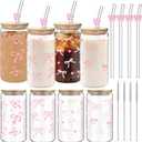 4 Set 16 oz Coquette Bows Glass Cups with Lids and Bows Straws Cleaning Brushes Aesthetic Iced Coffee Cup Reusable Mug for Women Sister Birthday Gift Not Dishwasher Safe (Pink, Bow)