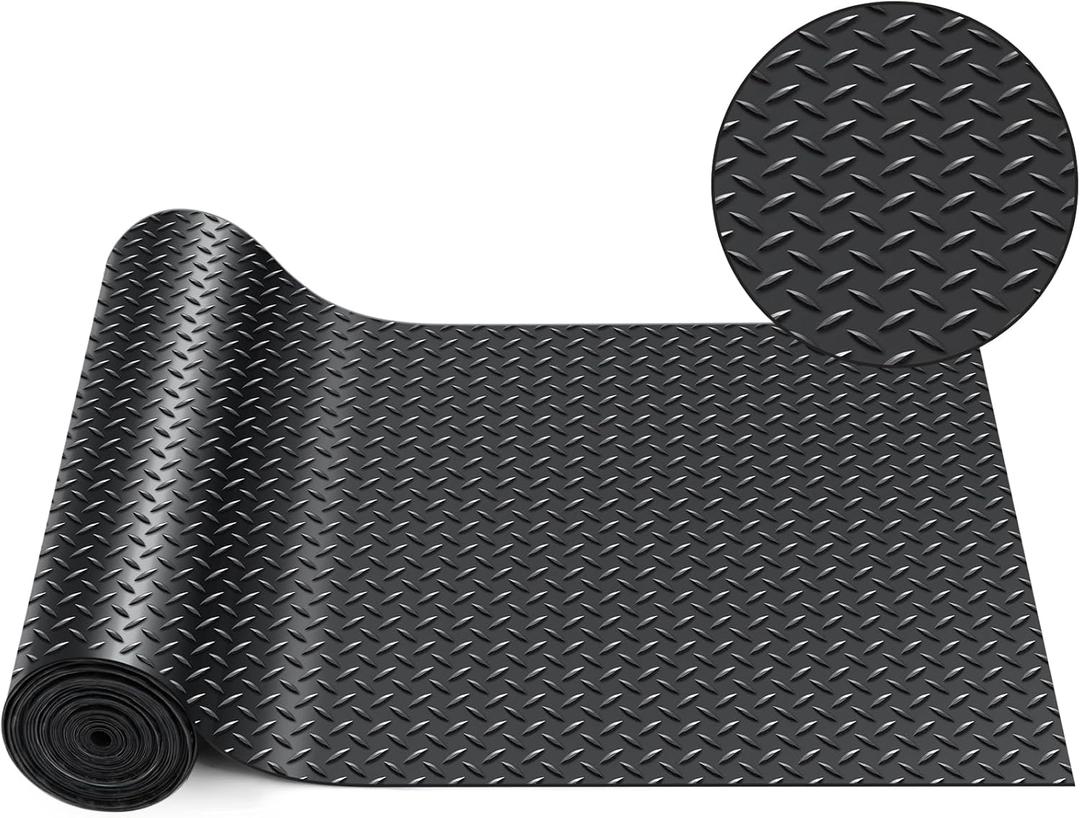 Breling 12 in x 20 ft Rubber Flooring Rolls Mats, Heavy Duty Diamond Plate Garage Floor Mat, PVC Water/Stain Outside Resistant Parking Rv Trailer Flooring (Black)