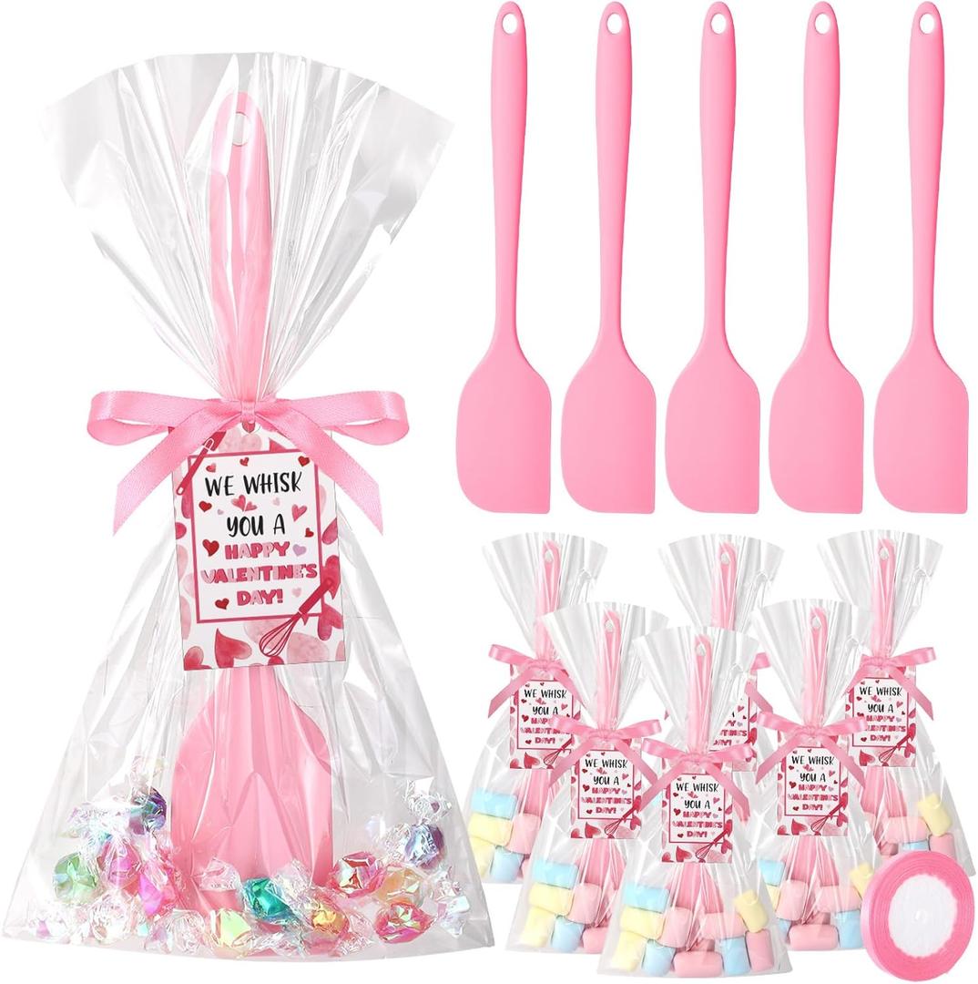 12 Set Valentine's Day Spatula Gifts Bulk DIY Set Pink Silicone Spatula for Kitchen Neighbors Baking with Ribbon Greeting Cards and Plastic Bags for Cooking Gifts(Valentine's Day,Pink)