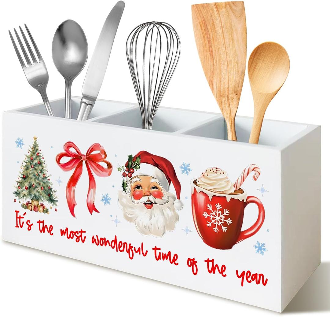 Red Christmas Kitchen Utensils Holder with 3 Compartments, Holiday Winter Christmas Cooking Utensil Holder Organizer for Countertop, Red Xmas Wooden Box Sign Desk Decor