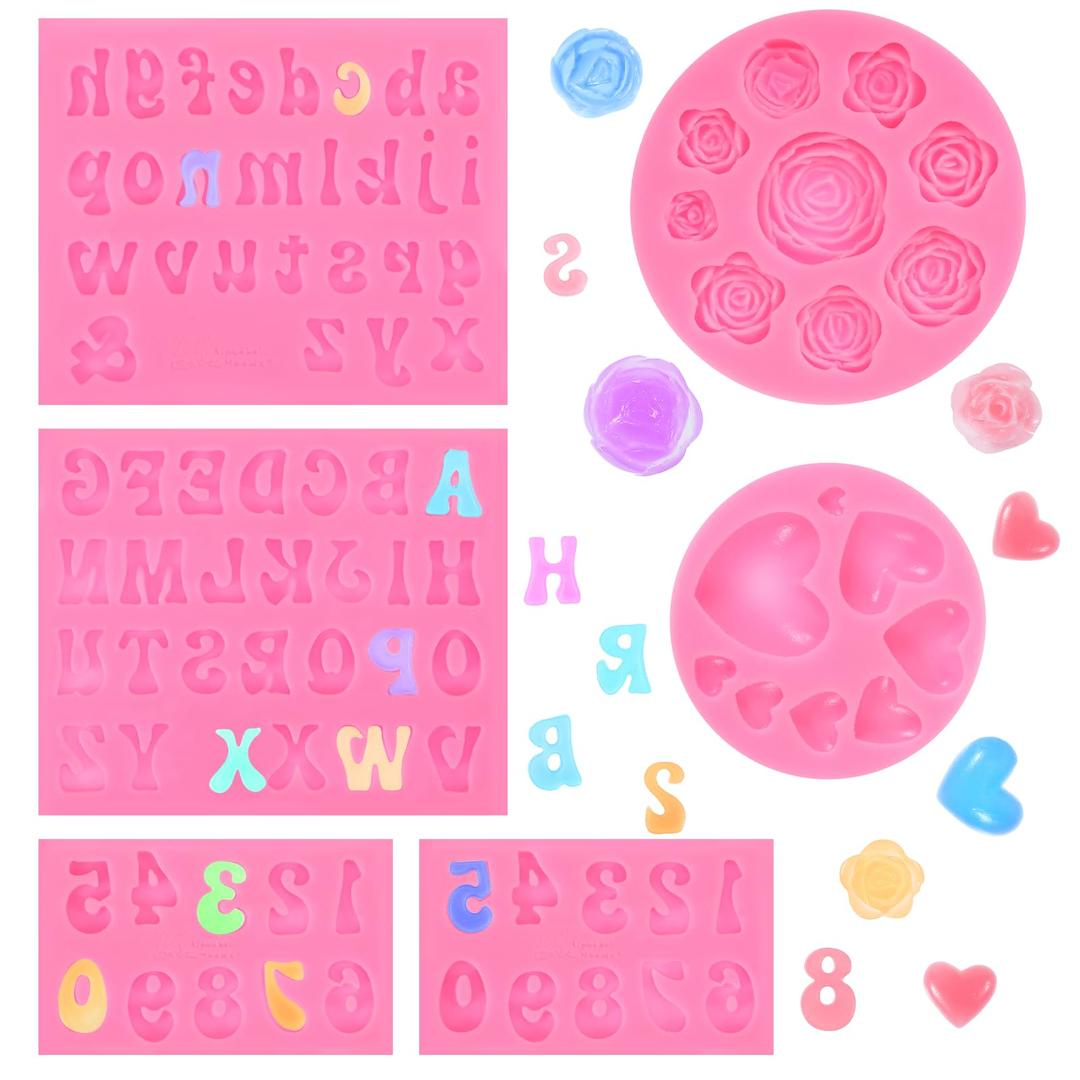 Silicone Letter Molds for Chocolate, 6 Pcs Alphabet Number Rose Flower Heart Molds for Candy Fondant Gummy DIY Crafts, Versatile Letter Shaper for Chocolate Covered Strawberries Cupcakes Cakes (Pink)